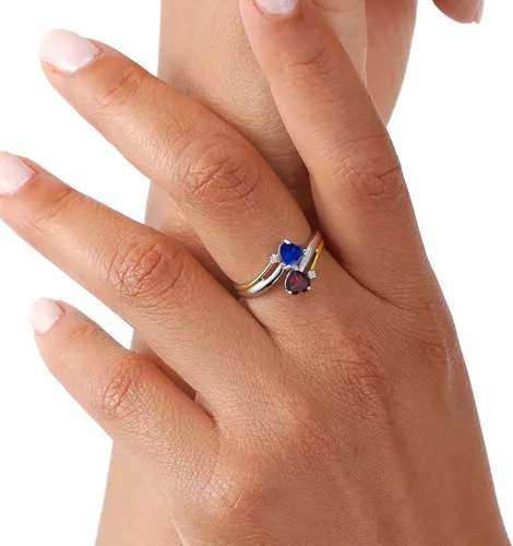 Miniatura 5 de Gem Stone King Anillo de plata de ley 925 y oro amarillo de 10 quilates, granate rodolita rojo zafiro y diamante cultivado en laboratorio para mujer