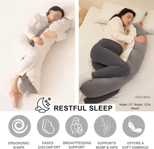 Miniatura 4 de Peallow(Pat. Pend) - Almohada larga redonda para adultos, almohada de apoyo suave y de apoyo para dormir y soporte lumbar (gris-blanco, 47 pulgadas)
