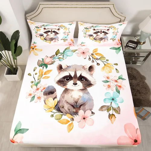 Miniatura 8 de Manfei Sábana bajera ajustable de búho de dibujos animados, tamaño individual, juego de ropa de cama de flores en acuarela de 2 piezas para Multi 09