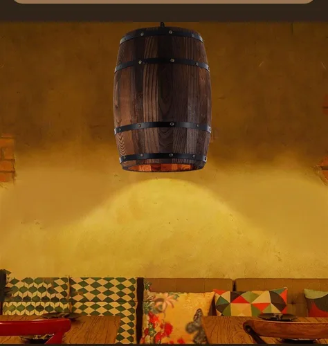 Miniatura 7 de Lámpara colgante de barril de madera antigua para decoración de interiores, lámpara colgante de techo retro industrial ajustable para sala de estar