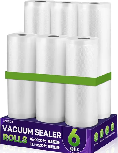 CAREGY Rollos de Bolsas Selladoras al Vacío para Alimentos Paquete de 6, 3 Rollos de 8'' x 20' y 3 Rollos de 11'' x 20', Grado Comercial Sin BPA,