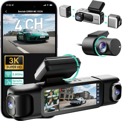 Miniatura 8 de BOTSLAB Cámara de tablero 4K de 3 canales frontal y trasero/interior, cámara de tablero de 360° con pantalla táctil de 3.18 pulgadas, cámara