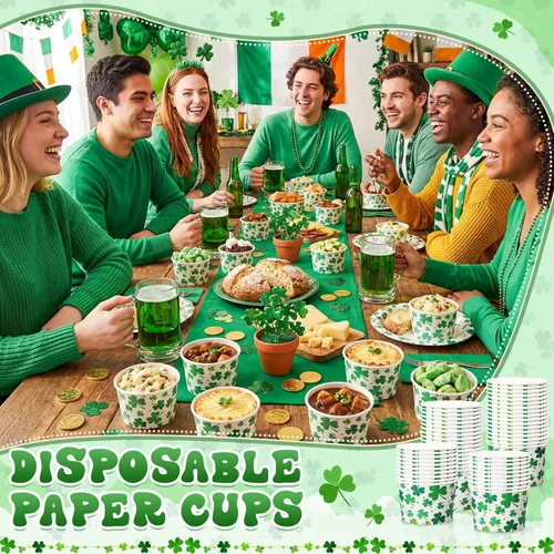 Miniatura 6 de Potchen Paquete de 50 tazas de sopa desechables de papel de 9 oz para el Día de San Patricio, tazas de postre desechables irlandesas, tazas