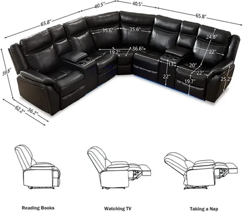 Miniatura 2 de Juego de sofá seccional reclinable manual con tiras LED, sofá esquinero reclinable de piel sintética de primera calidad con consola y portavasos