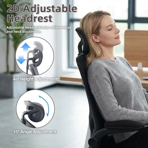 Miniatura 6 de Silla de oficina ergonómica con reposacabezas, silla de escritorio de malla con respaldo alto, soporte lumbar ajustable, silla giratoria