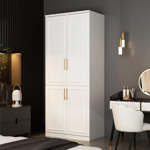 Miniatura 11 de Armario grande con 2 puertas de vidrio templado y 3 cajones, armario alto con barra para ropa, armarios de ropa estilo agitador, color blanco, 31.7