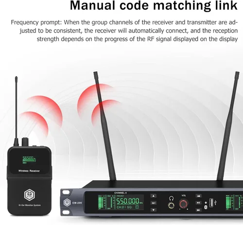 Miniatura 4 de W IN-MIX EM200 UHF Sistema de monitor intrauditivo inalámbrico - 2 canales con 6 paquetes mono IEM System, tecnología PLL, rango de 300 pies