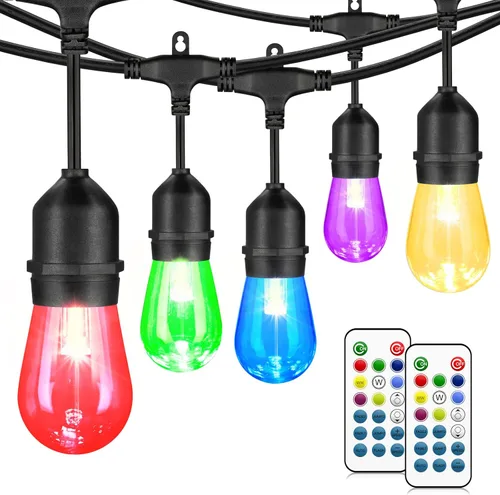 Mlambert Luces de patio al aire libre de 48 pies, impermeables, regulables con control remoto, cadena de luces LED RGB Cafe con 15 bombillas Negro