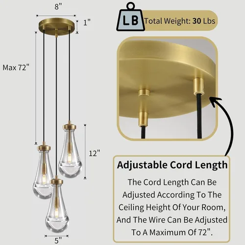 Miniatura 5 de Lámpara colgante de latón de 3 luces para isla de cocina, lámpara colgante de racimo de lluvia, lámpara de techo de cristal con cuerda ajustable