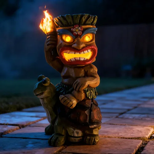 Miniatura 3 de Estatua de Tiki para exteriores con decoración de tortuga, figura de jardín con energía solar, arte Tiki para Tiki bar, patio trasero, jardín