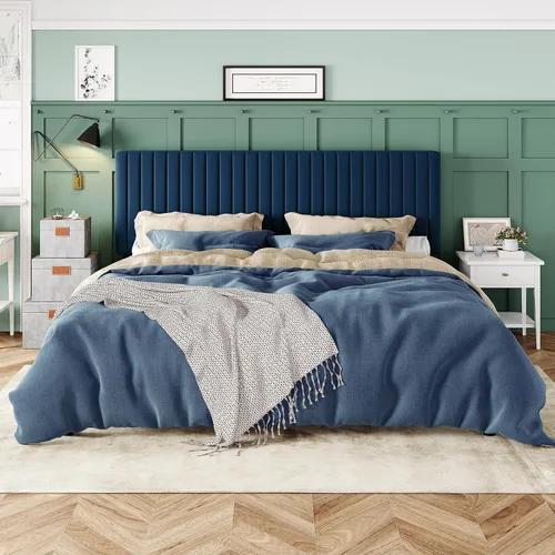 Miniatura 3 de Allewie - Base de cama tamaño King con cabecera acolchada tapizada en terciopelo y diseño acanalado vertical ajustable; plataforma de cama con base