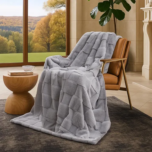 Cozy Bliss Manta de Tiro de Piel Sintética de Conejo a Cuadros Gris, Mantas Suaves Difusas Esponjosas Minky Peludas para Sofá, Cama (50 * 60