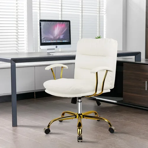 Miniatura 9 de KLASIKA Silla de escritorio de cuero para oficina en casa, silla de tocador de respaldo medio, silla de maquillaje con ruedas doradas y reposabrazos