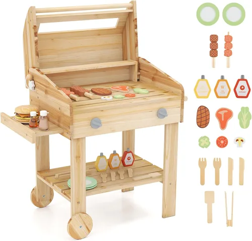Costzon Juego de parrilla para niños con ruedas, juego de parrilla de madera para niños con comida de juego, herramientas de parrilla y accesorios