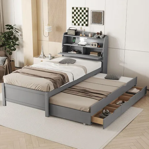 Miniatura 15 de Bellemave Cama individual con cajones, plataforma de madera con cabecero y estribo, cama capitán de madera para niños, niñas, niños, adolescentes