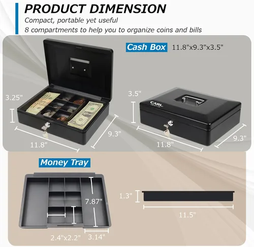Miniatura 5 de CARL, CUI82012, bandeja de billetes de acero caja de seguridad, color negro 4 x 9 pulgadas
