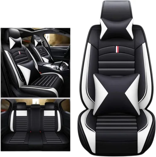 Miniatura 3 de Juego completo de fundas de cojín y almohadas de cuero sintético para asiento delantero y trasero de coche con reposacabezas y soporte de cintura, 5