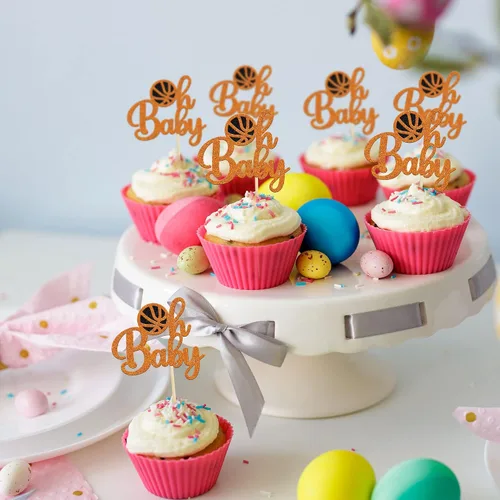 Miniatura 6 de Gyufise 24 piezas de baloncesto Oh Baby Cupcake Toppers Jugador de Baloncesto Escena Temática Púas de Fruta para Deportes Tema Babyshower Cumpleaños