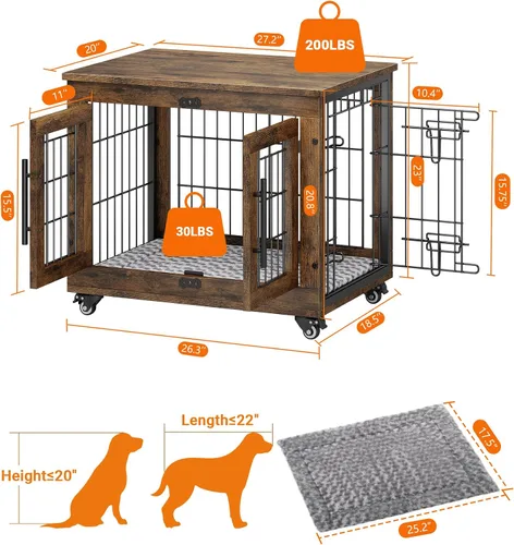 Miniatura 2 de YaFiti Mueble de jaula para perros con cojín, perrera de madera para interiores con puertas dobles, jaula para perros con ruedas, mesa auxiliar
