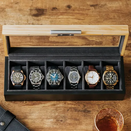Miniatura 3 de CASE ELEGANCE Pino de dos tonos y base negra con mango de aluminio moderno caja de reloj de 6 ranuras con vidrio real