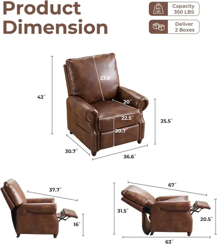 Miniatura 2 de Sillón reclinable con masaje y calefacción, silla reclinable de cuero transpirable con respaldo sobrerelleno y decoración de remaches, sofá Marrón