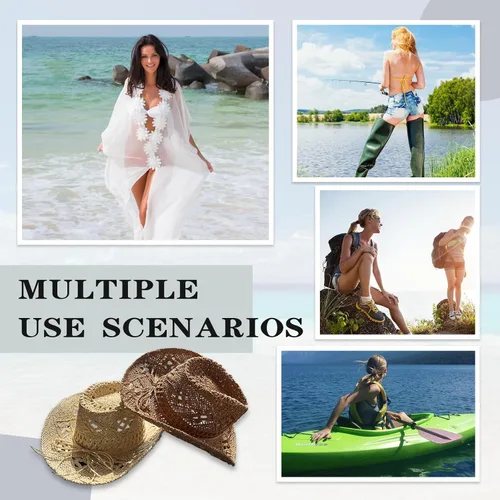 Miniatura 6 de Sombreros de vaquero de paja para mujer, sombrero de vaquera occidental brillante para fiestas de vacaciones, sombrero de sol plegable