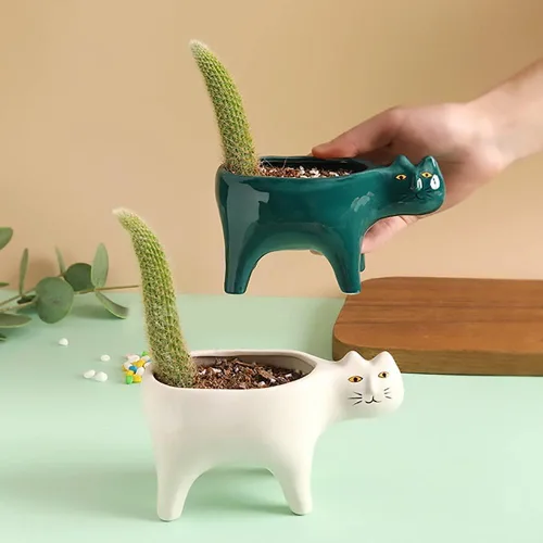 Miniatura 5 de DIYOMR Macetero de animales para suculentas, macetas de cerámica para gatos, contenedores de cactus o plantas para decoración del hogar, oficina