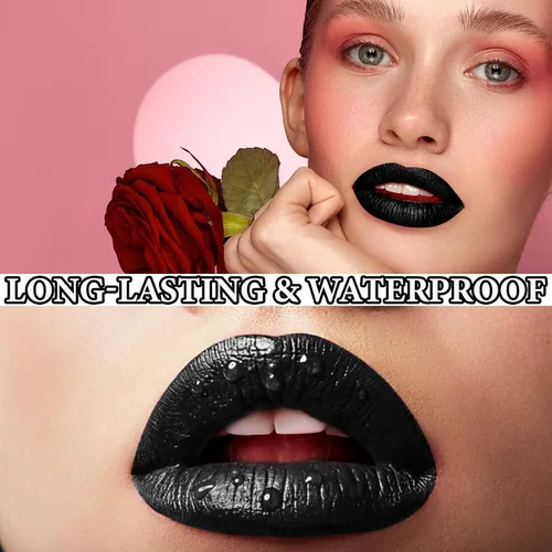 Miniatura 5 de Juego de 2 delineadores de labios y lápiz labial, juego de lápiz labial líquido negro y delineador de labios, lápiz labial mate, larga duración