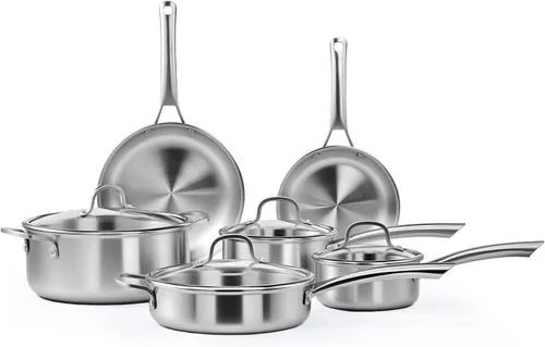Bonnlo Juego de utensilios de cocina de 10 piezas, juego de ollas y sartenes de acero inoxidable de 3 capas con tapas, juego de cocina no tóxico,