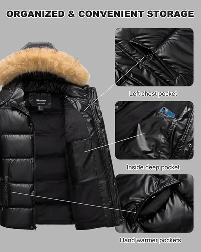 Miniatura 6 de Chaqueta acolchada para hombre, abrigo de invierno con capucha de piel, impermeable y resistente al viento, forro polar, 4 bolsillos