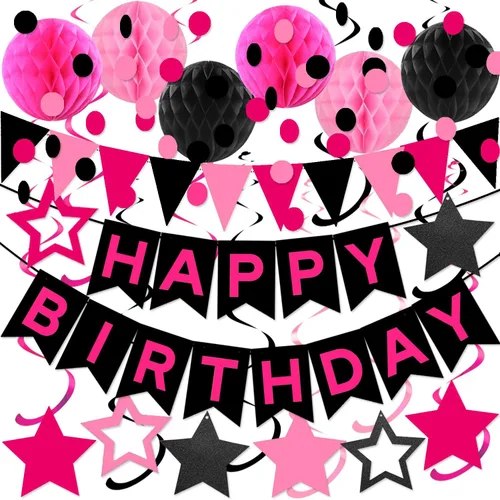 Decoraciones de Fiesta de Cumpleaños en Negro y Rosa - Pancarta de Feliz Cumpleaños, Bolas de Panal, Remolinos de Estrellas, Puntos Circulares,