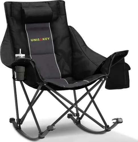 Unisakey Silla mecedora de camping extra grande con reposacabezas y portavasos - Capacidad de 400lbs, tela Oxford 600D, silla mecedora portátil