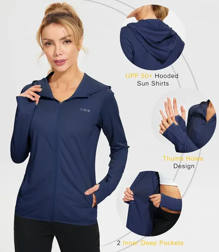 Miniatura 4 de Libin sudadera con capucha para mujer, con cremallera completa, UPF 50+, capucha con protección solar, de manga larga, para senderismo