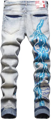 Miniatura 2 de Jeans de graffiti hip hop para hombre, rasgados, ajustados, desgastados, desgastados, ajustados, elásticos, con estampado casual