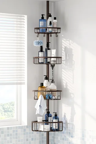 Miniatura 10 de Organizador de Ducha de Esquina con Poste de Tensión: Organizador de Ducha de Acero Inoxidable Antioxidante de 4 Niveles - Estantes de Baño