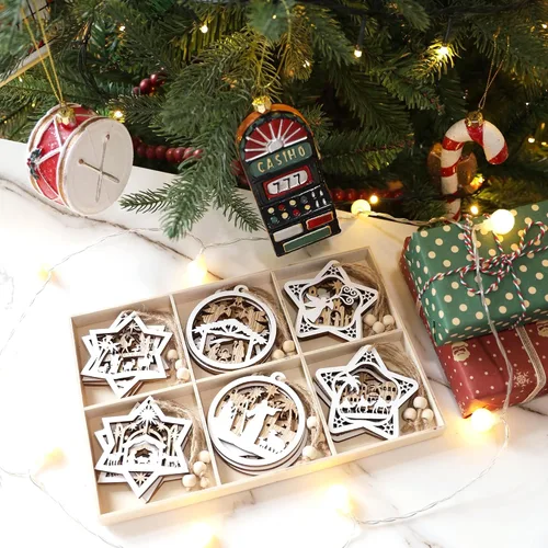 Miniatura 8 de Juego de 18 piezas de adornos de belén para árbol de Navidad, adorno de escena de natividad de madera, regalo religioso para decoración navideña