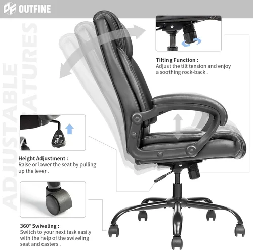 Miniatura 6 de OUTFINE Silla de Oficina Silla de Oficina Ejecutiva Silla de Escritorio Silla de Computadora con Cojín de Resorte de Cuero Resistente a la Negro
