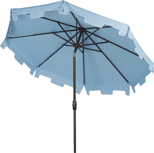 Miniatura 5 de SAFAVIEH Zimmerman - Sombrilla de patio con manivela de 9 pies para exteriores, toldo azul y blanco bebé, poste de aluminio marrón, cenefa