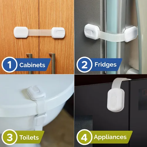 Miniatura 6 de Cerraduras de correa de seguridad para niños (paquete de 4) cerraduras para bebés para armarios y cajones, inodoro, refrigerador y más. Almohadillas