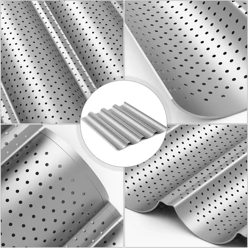 Miniatura 5 de Tiawudi Paquete de 2 Moldes Perforados Antiadherentes para Baguette de 15" x 13" para Hornear Pan Francés 4 Panes Ondulados Molde para Hornear Pan