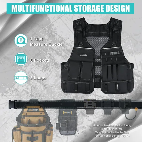 Miniatura 6 de MELOTOUGH Chaleco de herramientas para hombre con bolsillos y cinturón, chaleco de seguridad ajustable de múltiples bolsillos para electricista
