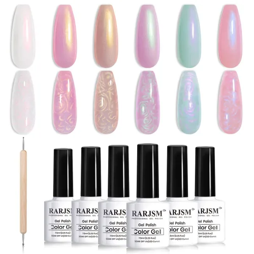 Miniatura 14 de RARJSM - Juego de esmaltes de uñas de gel perla, 6 colores: concha nacarada, purpurina, blanco, oro, rosa, verde, púrpura, con brillo de sirena