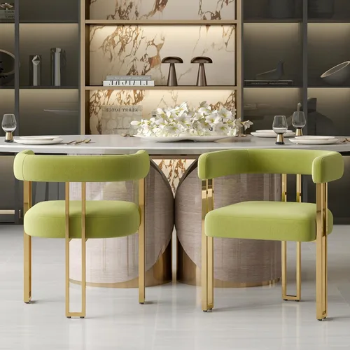 Miniatura 20 de Hyfirm Juego de 2 sillas de comedor de barril beige y dorado, modernas sillas tapizadas de terciopelo con respaldo curvado para isla de cocina