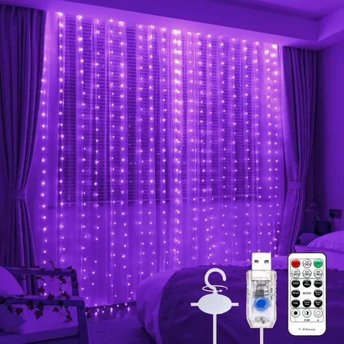 Miniatura 18 de Luz de cortina blanca cálida para dormitorio, 300 LED, 3m x 3m, luz de cadena de hadas para ventana con 16 ganchos, 8 modelos, control remoto