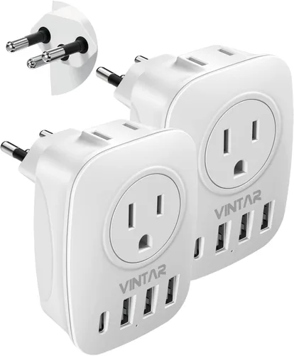 Miniatura 22 de Paquete de 2 adaptadores de enchufe de viaje europeo, VINTAR Adaptador de enchufe de alimentación internacional con 1 USB C, 2 salidas americanas
