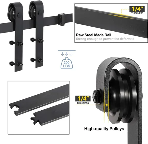 Miniatura 4 de Kit de herrajes para puerta de granero de 6.6 pies, riel de puerta corredera individual con tapón de rodillo, resistente, se desliza suavemente