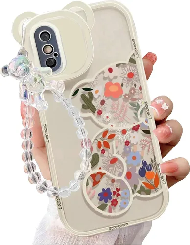 Miniatura 10 de Funda compatible con iPhone 8 Plus, bonito protector de cámara con diseño de oso de flores transparentes con bonita correa y cadena para niñas