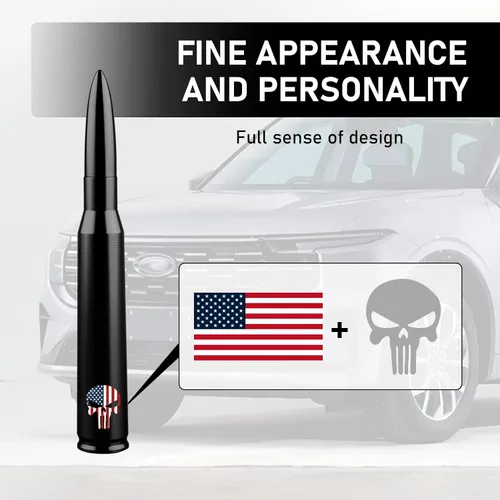 Miniatura 5 de Ajxn 1 PC Antena de Bala para Coche y Camión, Antenas Cortas con Diseño de Cráneo, Antena de Reemplazo Compatible con Ford F150 Wrangler Jeep Negro