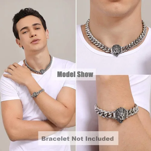Miniatura 9 de Cadena de eslabones cubanos para hombre, gargantilla de león, collar de plata Hip Hop de 18 pulgadas, 20 pulgadas y pulsera de 8.5 pulgadas, juego