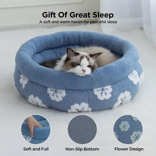 Miniatura 7 de BALANCE Camas para gatos de interior, cama redonda lavable para gatos, bonita cama para gatitos de flores en 3D con parte inferior antideslizante